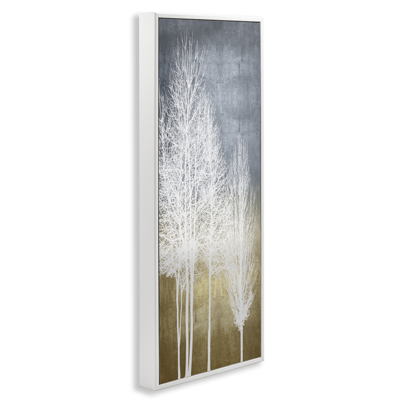 Tall White Tree Line Abstract Canvas Art with White Frame