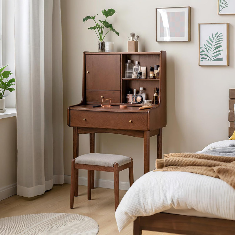  25.2"W Small  Solid Wood Vanity Desk with Reversable Mirror & 2 Storage Drawers, 25"W, No