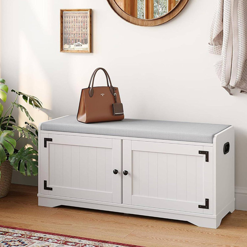2-Tier Shoe Storage Bench – 39.4" Shoe Bench with Padded Seat, Handles, 2 Doors, and Adjustable Shelf for Entryway, Living Room, Bedroom, Hallway, or Closet – White