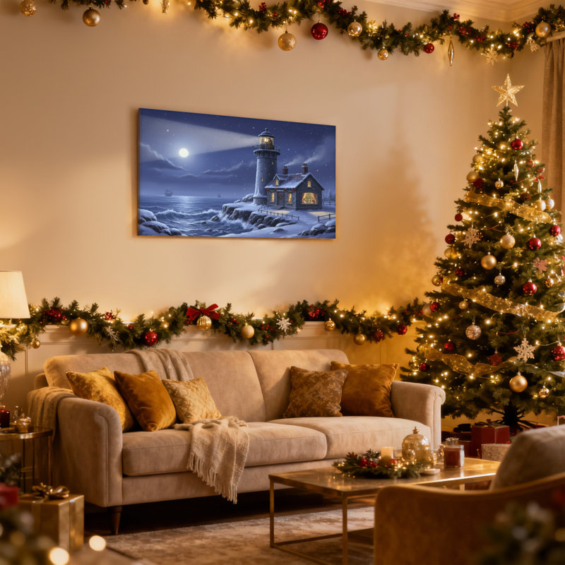 Phare de Noël nuit d'hiver, ensemble de 3 reproductions d'art sur toile, H 12 po x l 18 po