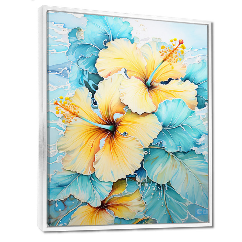 Hibiscus jaune sur fond bleu subtil - impression d'art mural hibiscus, Cadre flottant blanc, bois massif, H 40 po x l 30 po