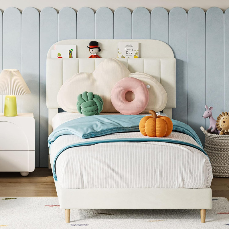 Twin Bed Frames, Upholstered Platform Bed Frame with Bookcase Headboard, Beige