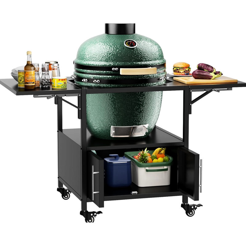 Table de barbecue extérieure en métal pour barbecue de style gros œuf, conception à double panneau pliant, supportant de grands grils similaires, fabrication en fer robuste, rangement pour outils spacieux, installation facile, eau mobile,