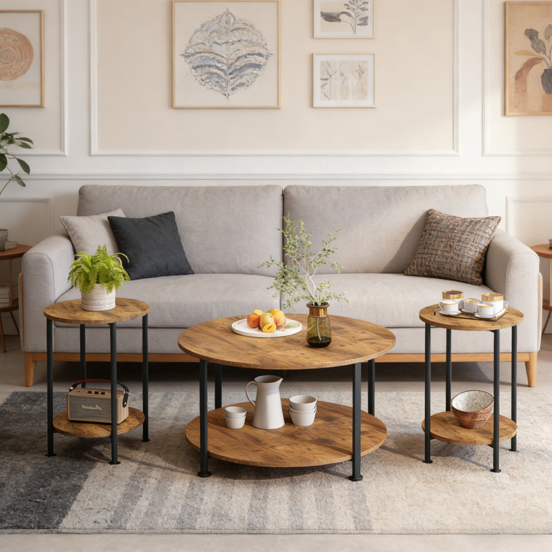 3 Piece Coffee Table and End Table Set with Storage Shelf for Living Room