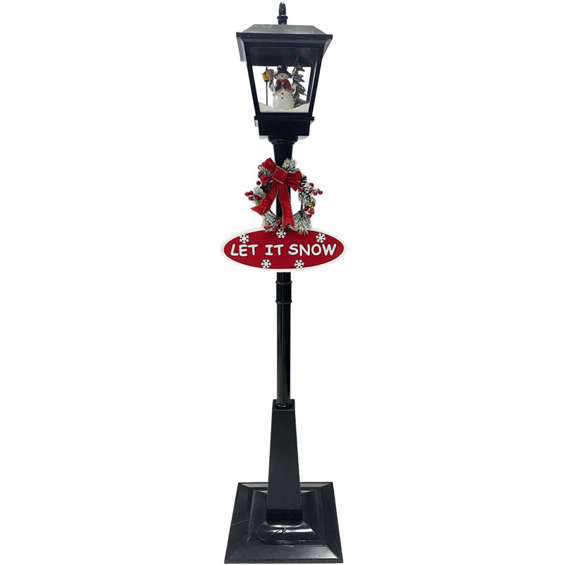 Décoration de lampadaire musical de 6 pi de hauteur avec scène de bonhomme de neige, 2 panneaux festifs, neige en cascade et chants de Noël Fraser Hill Farm