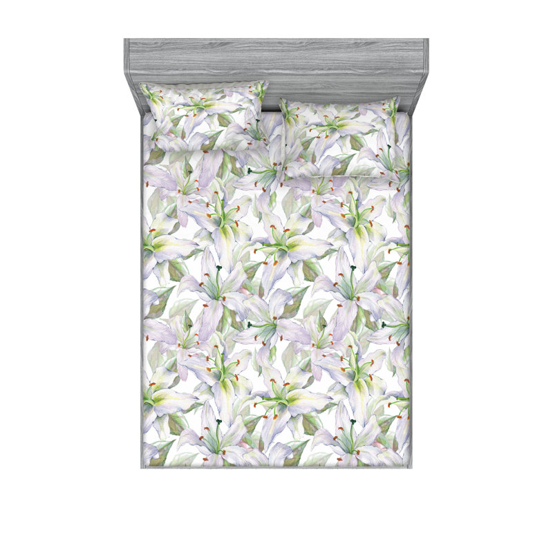 Ambesonne Fitted Sheet & Sham Watercolor Greenery Pastel Purple Lime Green, California King Sheet Set with 2 Pillowcases