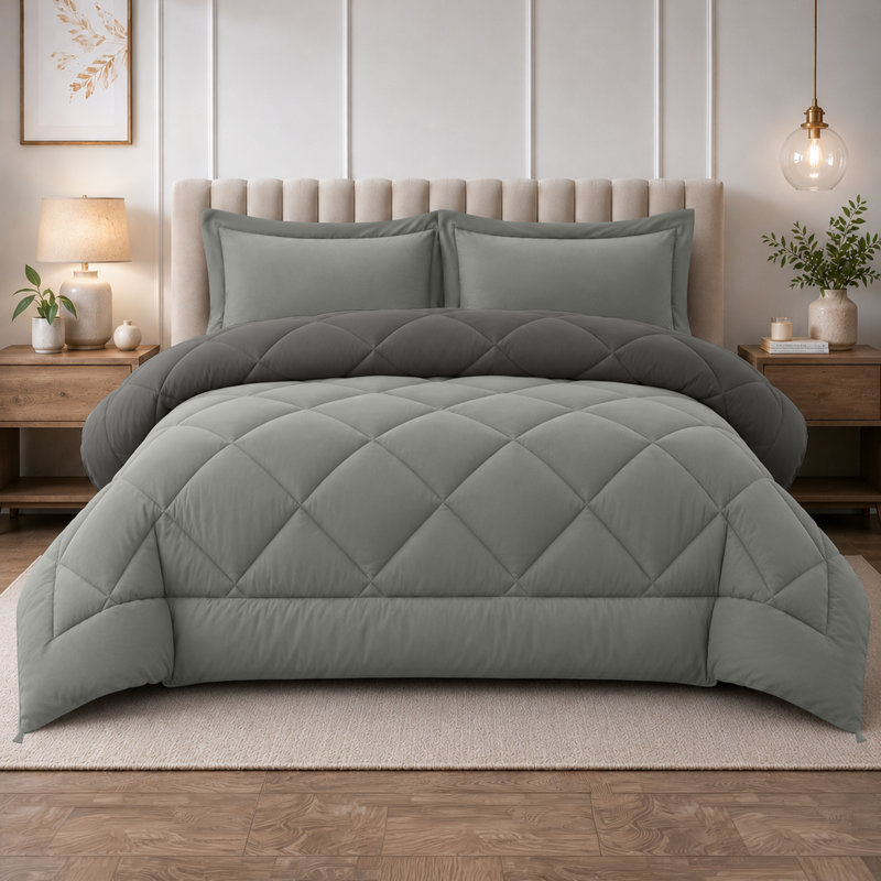 Down Alternative Microfiber Reversible Comforter Set - 3 Pcs All Season Diamond Pattern Comforter with Shams, Gray, Twin