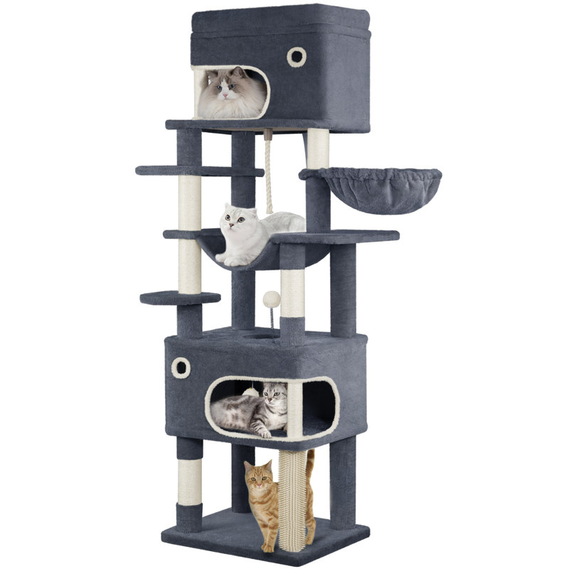 Cat Tree for Indoor Cats, Multi-layer Scratching Post with Large Platform, 2 Caves, 7 Sisal Posts, Pompoms, Cat Basket, Hammock, Suitable for Cats