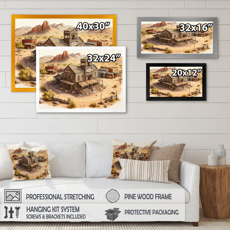Wild West Town I - Impression sur toile, H 24 po x l 32 po x P 1 po, Impression dorée sur toile encadrée