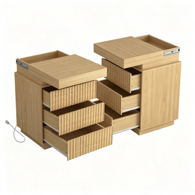 Ensemble de 2 tables de chevet brunes avec station de charge et lumières à DEL RVB, table de chevet à panneau ondulé cannelé avec rangement caché à plateau coulissant, table de chevet en panneau de particules pour la chambre à coucher