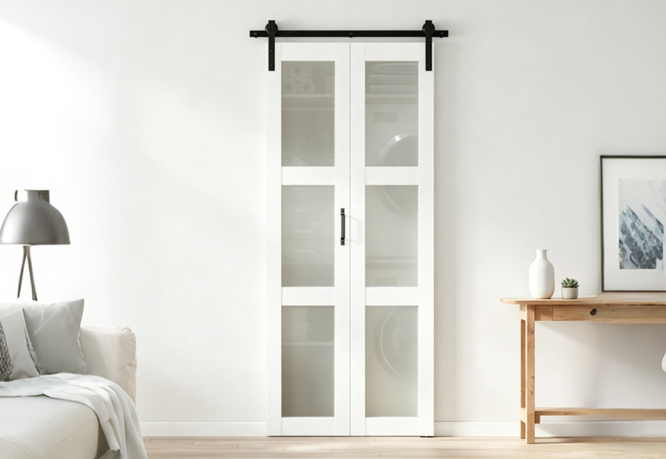 White double sliding barn doors with frosted glass panels and matte black hardware installed in a bright, modern room.