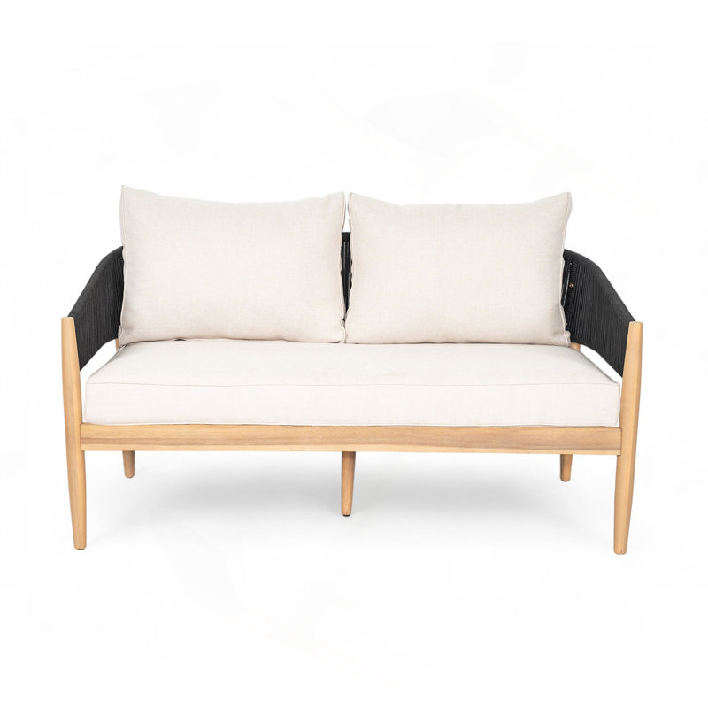 Causeuse d'extérieur en bois d'acacia Verona, bois naturel, coussin beige, Noir