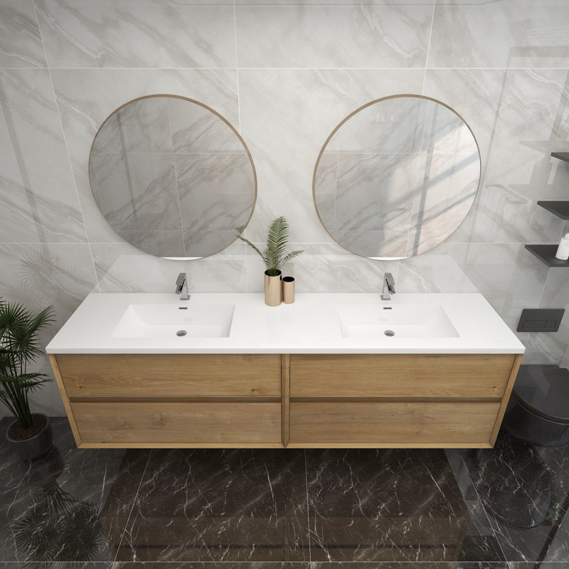 Ensemble de meuble-lavabo mural 84 po, Teck chêne