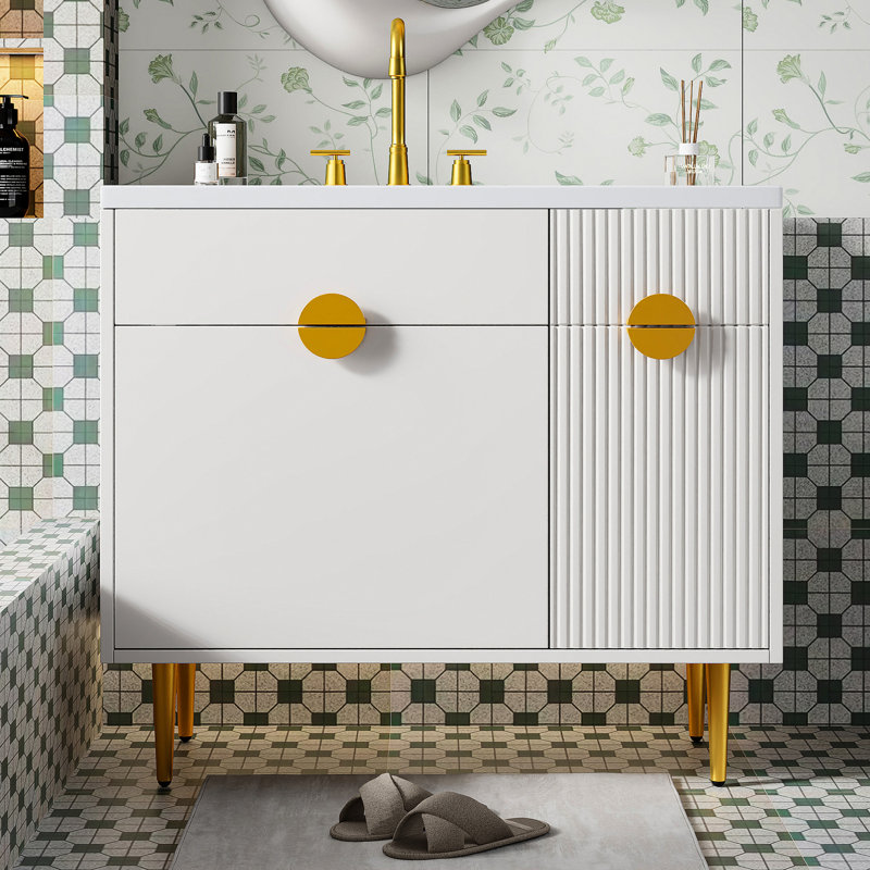 Meuble-lavabo de salle de bain moderne de 36 po, lavabo en résine, grand abattant, rangement, surface lisse, meuble-lavabo contemporain compatible avec robinet de 8 po, porte spacieuse, trou de déversement en surface