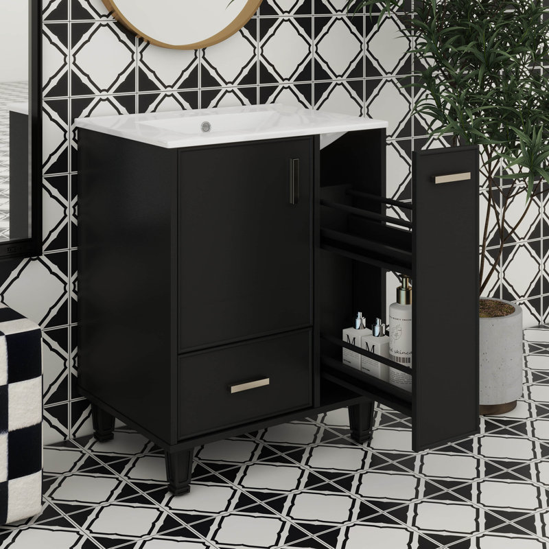 Meuble-lavabo 24 po avec lavabo en céramique, ensemble de meuble-lavabo autoportant avec tablette de porte, tiroir profond et panier coulissant à 2 niveaux