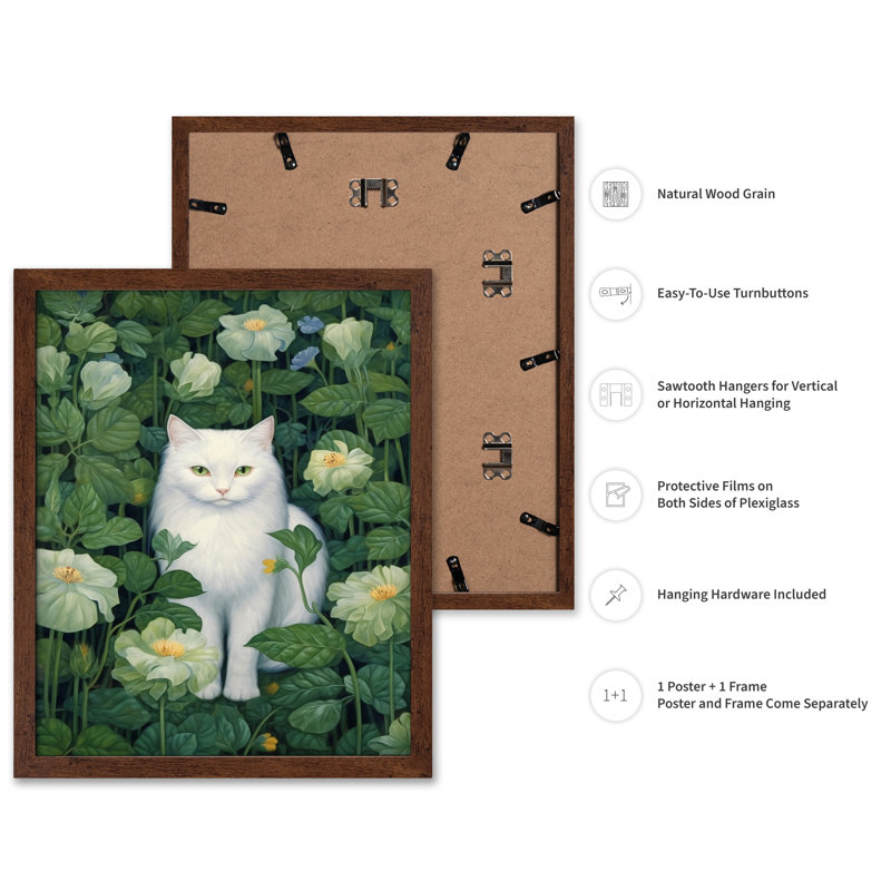 White Cat, Poster, 18"H x 24"W, Brown Framed