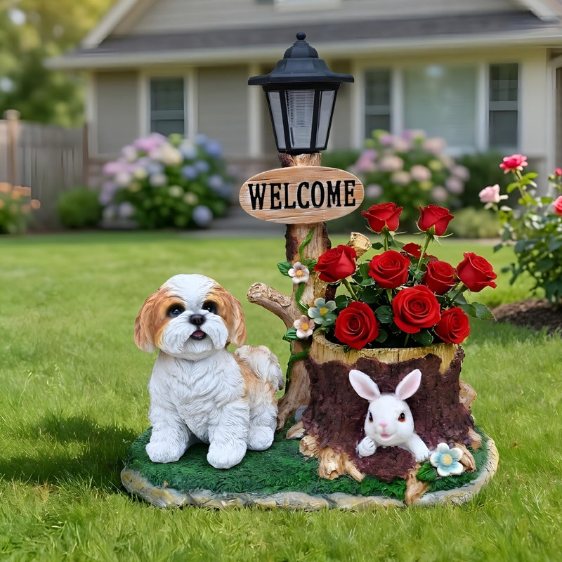 Statue de jardinière lanterne solaire chien assis