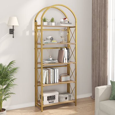 Bibliothèque pliante arquée, Hrayr pliable à 5 niveaux avec étagère de présentation, organisateur de rangement multifonctionnel pour plante pour le bureau à domicile, Glod