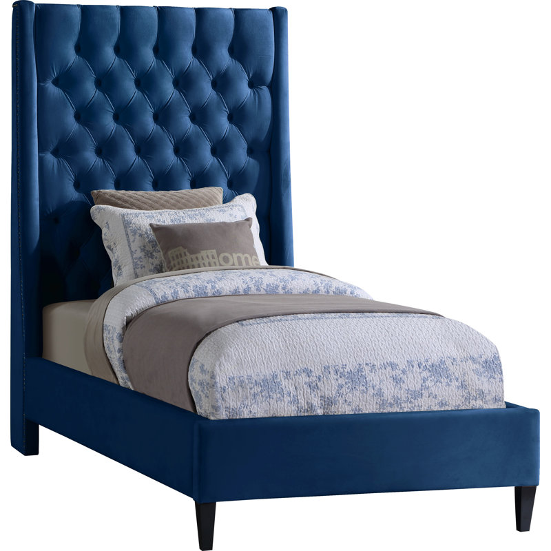 Dymph Upholstered Wingback Bed, Navy Velvet, Twin