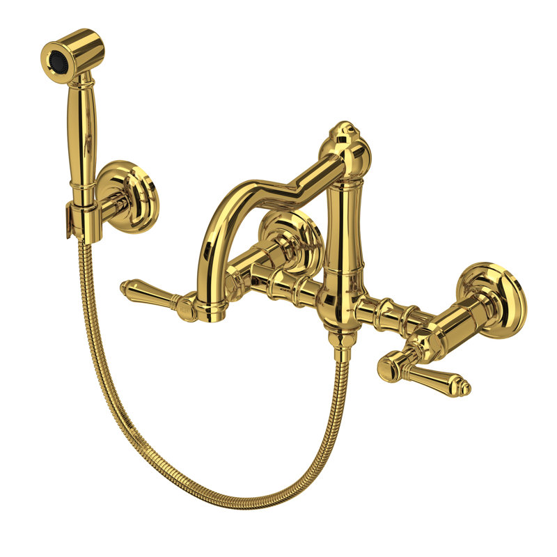 Acqui Wall Mount Bridge Kitchen Faucet With Sidespray And Column Spout, Lever Handle, Unlacquered Brass