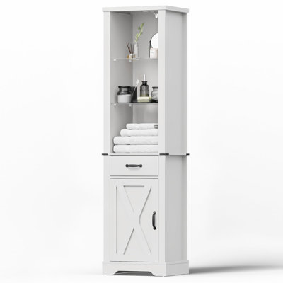 Armoire de rangement haute blanche autoportante avec éclairage DEL, étagères réglables en verre trempé, un tiroir et une porte de style grange, organisateur d'exposition étroit pour salle de bain, cuisine ou salon