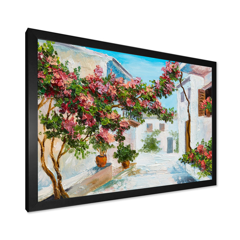 Maison blanche avec des fleurs en fleurs près de la mer - Peinture sur toile, H 30 po x l 40 po x 1,5 po, Cadre photo noir