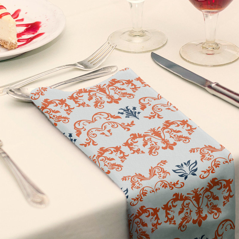 Damask Square Napkin, Orange/White/Blue, Polyester, 10" W x 10" L
