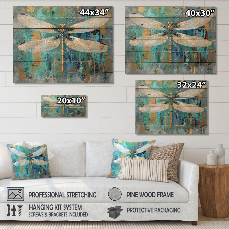 Libellule émeraude, ailes irisées III - art mural moderne en bois sur bois de pin naturel, H 30 po x l 40 po