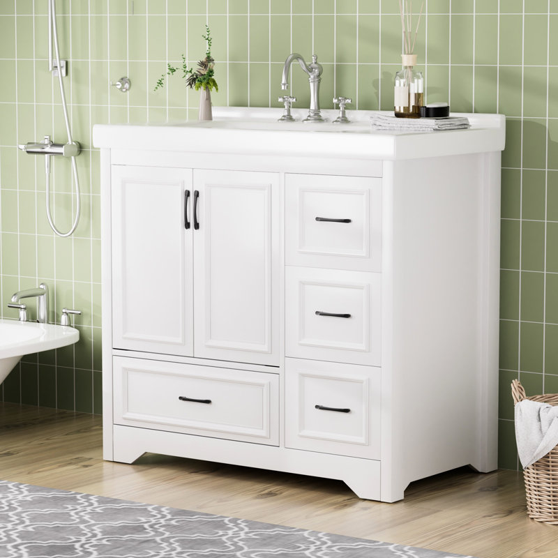 Armoire de salle de bain 36 po avec lavabo simple 36 po - Style moderne, généreux rangement blanc à 2 portes et 4 tiroirs, installation facile et mobilier élégant