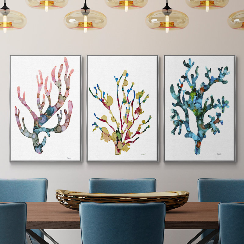 Sea Coral I, impression sur toile 3 pièces, H 48 po x l 96 po x P 2 po, Encadrement argenté