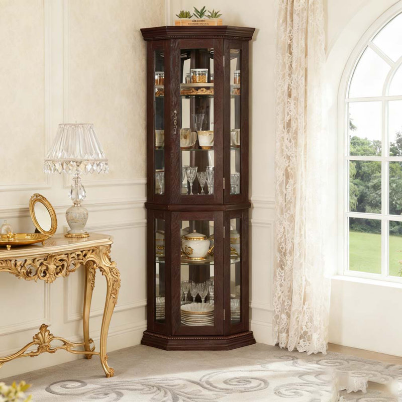 Armoire de coin en verre avec éclairage, Cerisier