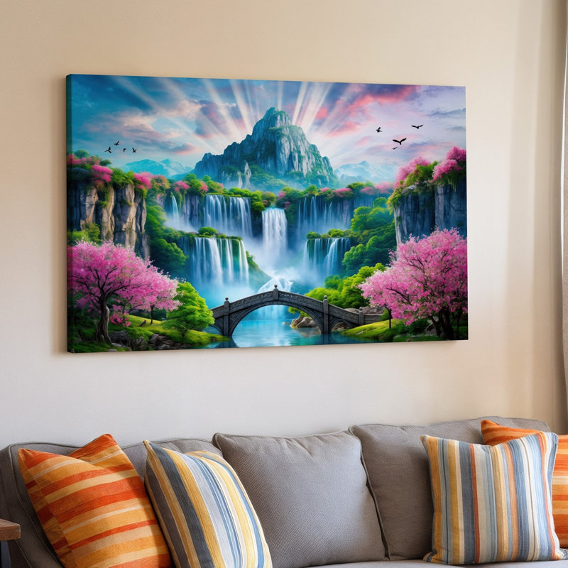 Toile, «Vibrant Fantasy Landscape mettant en vedette une majestueuse chaîne de montagnes avec art mural, cascades entourées de verdure», art mural
