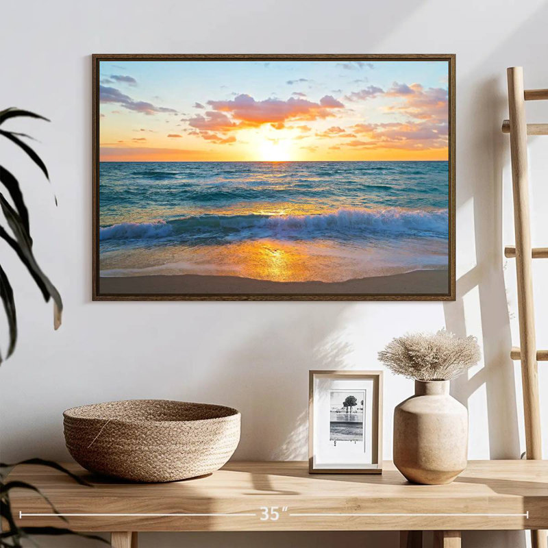 Lever de soleil sur Miami Azemar, 25 po x 17 po, Cadre flottant noyer