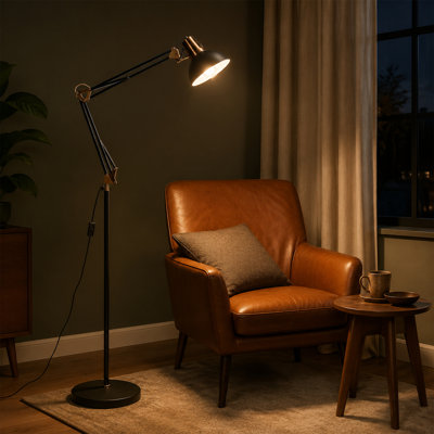 Lampe sur pied à bras articulé réglable, lampe sur pied de lecture industrielle en métal avec abat-jour dôme rotatif, douille E27 et interrupteur marche / arrêt à pied, grande lampe de travail pour le bureau de la chambre à coucher, finition noire et cuivre