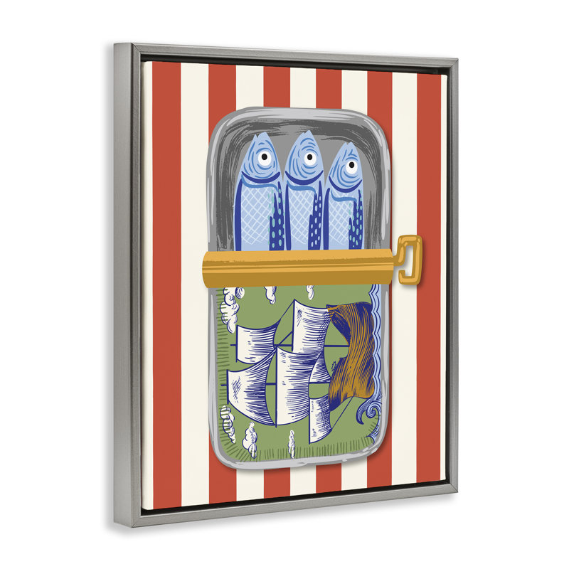 Sardines avec cadre flottant bateau antique, design par Arrolynn Weiderhold, H 31 po x l 25 po, Cadre flottant gris lustré