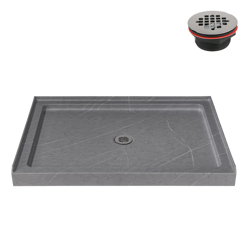 Base de douche en alcôve en acrylique gris mat 48 po x 36 po avec drain central Streamline, Gris mat