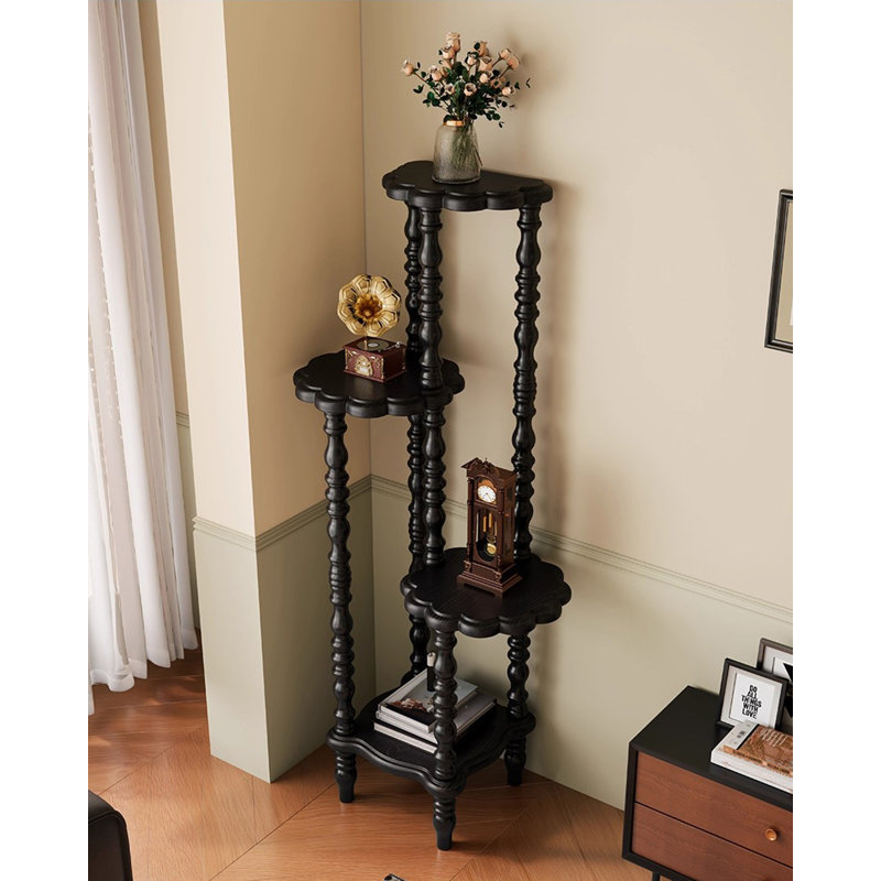 4-Tier Solid Wood Corner Display Shelf, Handcrafted Vintage Freestanding Corner Bookshelf for Office, Living Room, Bedroom, Black