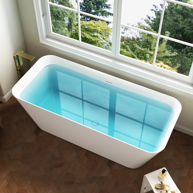 CASAINC 67" Rectangle Solid Surface Freestanding Soaking White Bathtub With Drain
