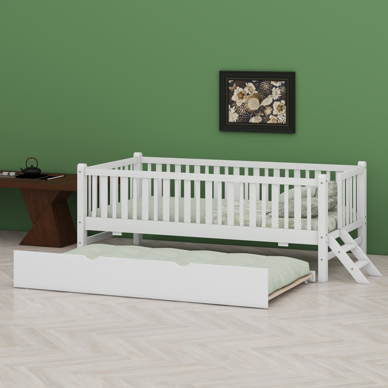 Platform Bed With Guardrail And Trundle, White