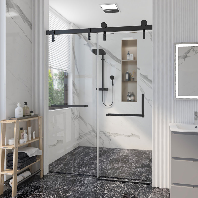 Porte de douche coulissante simple sans cadre l 60 po x H 76 po | Verre trempé amélioré de 0,31 po (8 mm) | Quincaillerie en acier inoxydable | Sécuritaire, résistant à l'explosion, transparent et élégant, robuste et durable