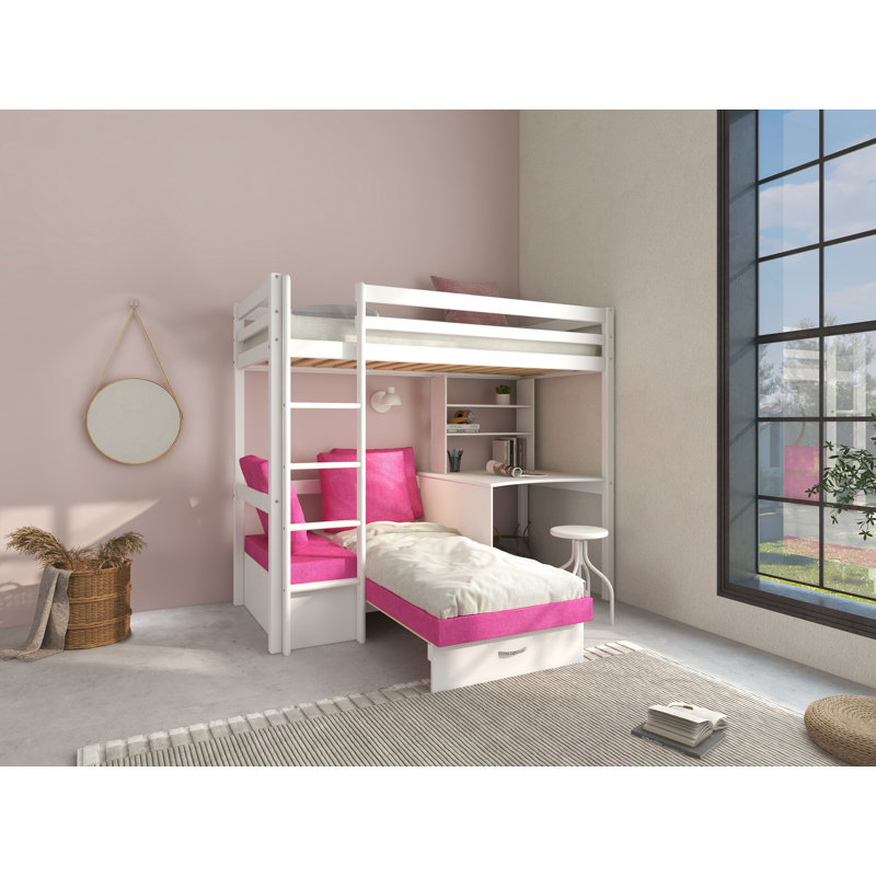 Luper European Single (90 X 200 Cm) High Sleepers with Desk Included, Pink
