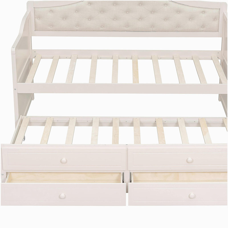 Lit de jour simple avec lit gigogne et 2 tiroirs de rangement, canapé-lit en bois avec dossier capitonné à boutons, Beige