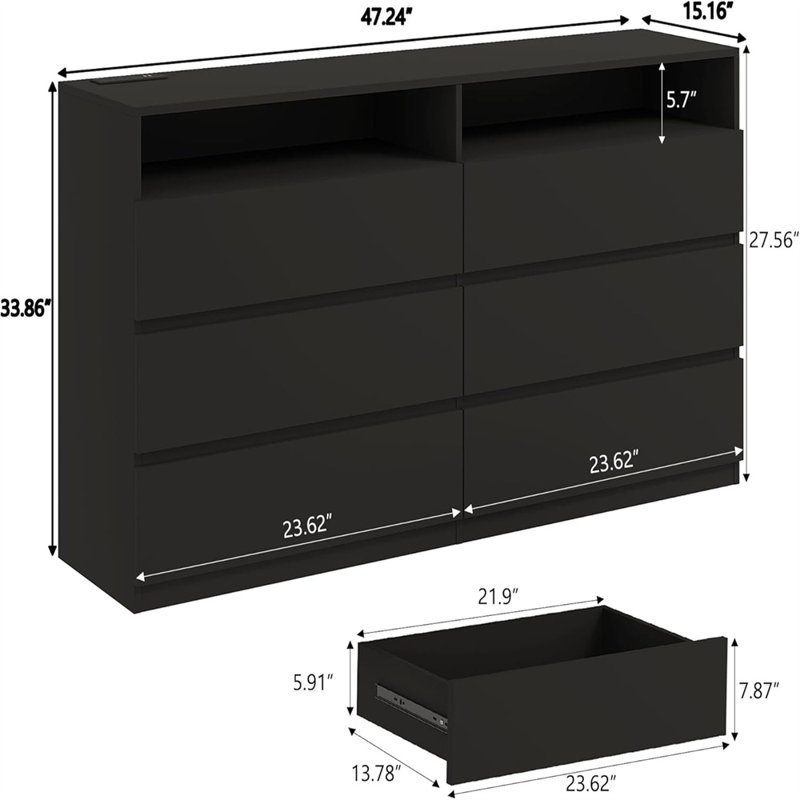 6 Drawers Dresser, Drawer Dresser With Power Outlet, Accent Chests Of Drawers With Led Light, Modern Storage Dresser For Bedroom, Living Room
