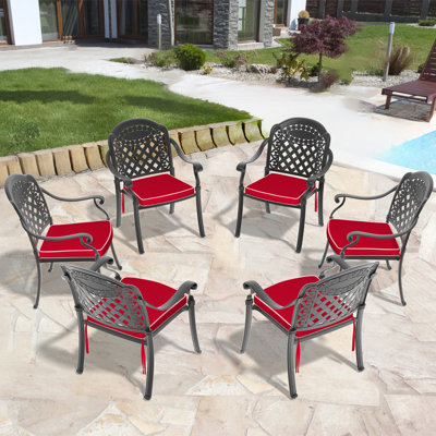 Chaise de patio en fonte d'aluminium 6 pièces avec cadre noir et coussins rouges (Identique à: W1710S00508), chaise