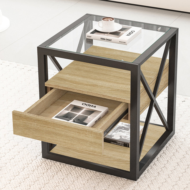 Ensemble de 2 tables de bout modernes avec tiroir - table de chevet pour chambre à coucher et salon, panneau de fibres à densité moyenne en bois naturel et plateau en verre trempé, table d'appoint de style industriel
