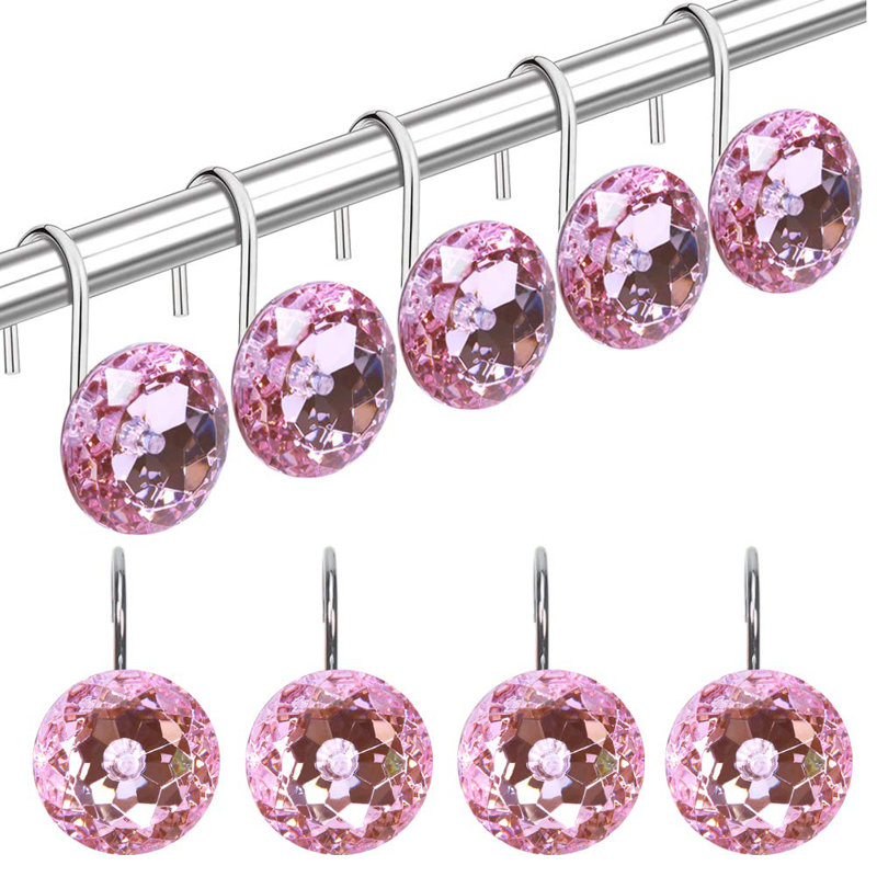 12 pièces de strass roses décoratifs crochets de rideau de douche en acier inoxydable antirouille crochets de rideau de douche en cristal acrylique pour salle de bain