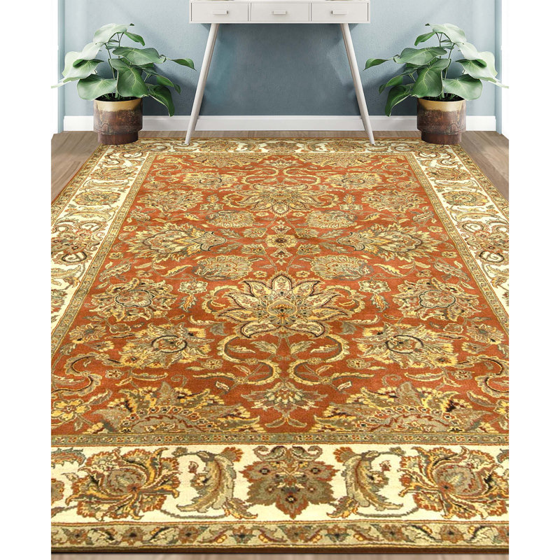 Hand Knotted Wool Oriental Area Rug in Rust And Ivory