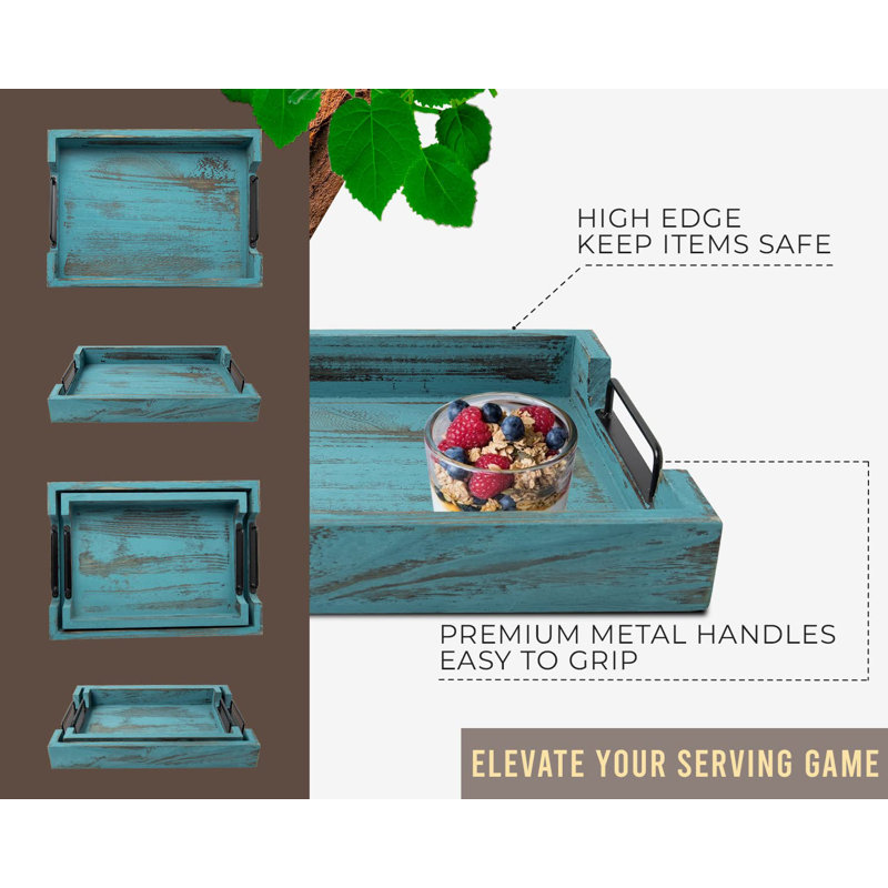 Solid Wood Tray - Set of 3, Rustic Blue