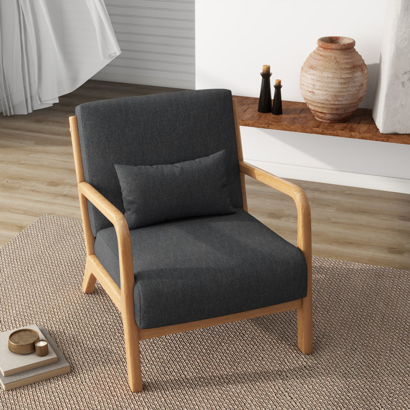 Jyrin 64.5 Cm Wide Armchair, Dark Grey Polyester Blend, Natural Wood