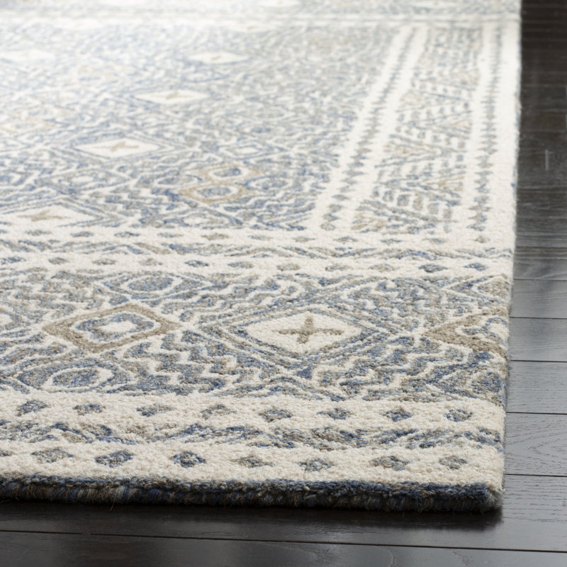 Devoe Hand Tufted Wool/Cotton Southwestern Rug in Ivory/Blue, Runner 2'3" x 9'